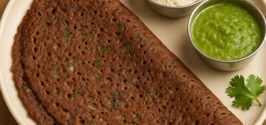 Crispy ragi dosa served with coconut chutney and green chutney on a ceramic plate