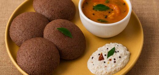 Soft and healthy Ragi Idli served with coconut chutney and sambar