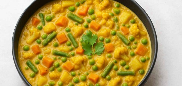 Mixed Vegetable Kurma — South Indian coconut curry with carrots, beans, peas and cauliflower in a creamy spiced gravy