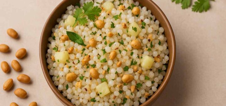 Navratri Special Sabudana Khichdi served in a rustic brown bowl with peanuts and coriander leaves