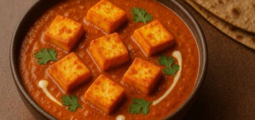 Delicious Paneer Butter Masala served in a rustic bowl, topped with cream swirls and coriander leaves, with roti on the side.