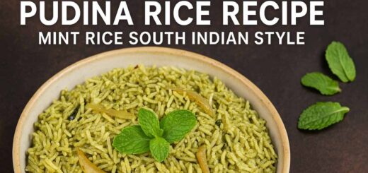 Pudina Rice Recipe – South Indian Mint Rice garnished with fresh mint leaves