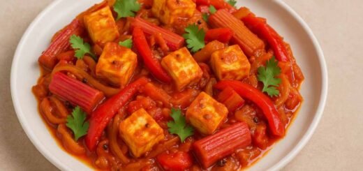 Rhubarb Paneer Jalfrezi – Indian vegetarian stir-fry with paneer, rhubarb, and bell peppers garnished with coriander leaves