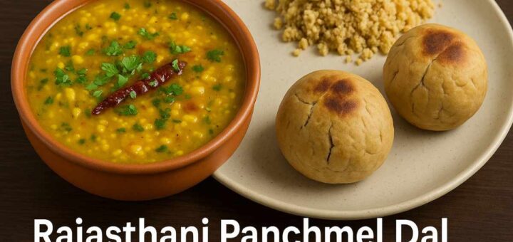 Rajasthani Panchmel Dal served with Baati and Churma in a traditional Indian thali