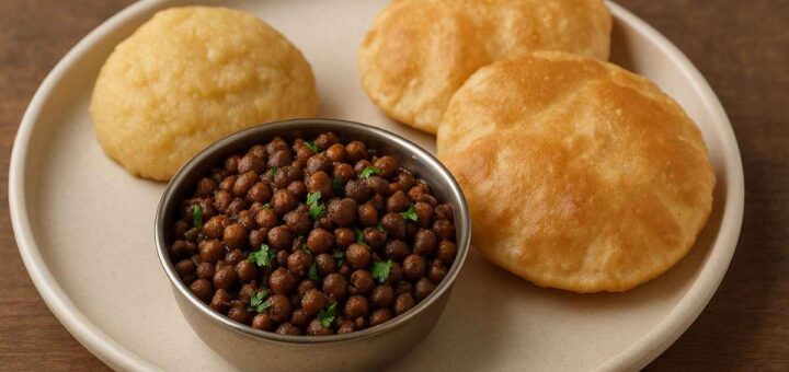 Sukha Kala Chana served with Sooji Halwa and Poori for Navratri Prasad