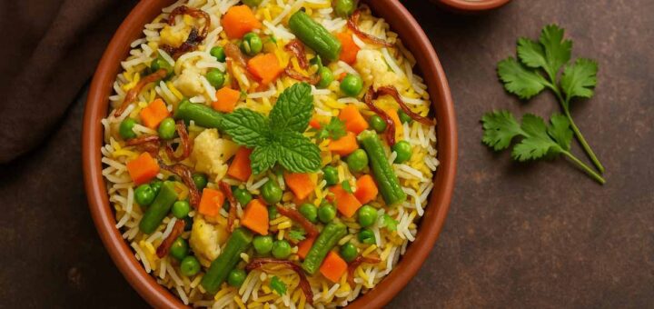 Vegetarian dum biryani served in handi with mint garnish
