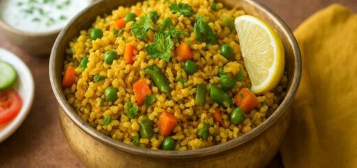 Healthy Millet Vegetable Biryani in a brass bowl – Indian vegetarian biryani with fresh vegetables and aromatic spices