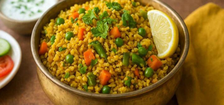 Healthy Millet Vegetable Biryani in a brass bowl – Indian vegetarian biryani with fresh vegetables and aromatic spices
