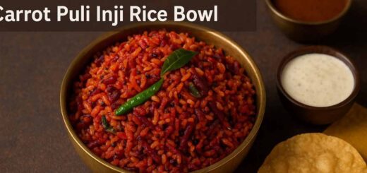 South Indian Beetroot & Carrot Puli Inji Rice Bowl with papad and yogurt dip