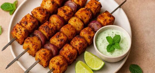 Gunpowder paneer and potato skewers served with lime-mint yogurt dip on a ceramic plate
