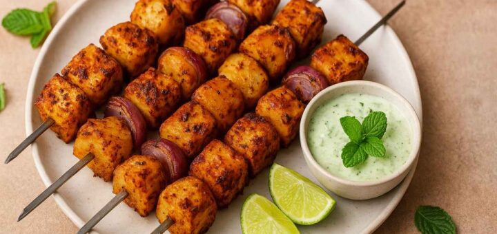 Gunpowder paneer and potato skewers served with lime-mint yogurt dip on a ceramic plate
