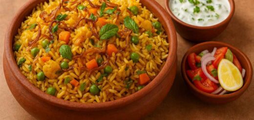 Aromatic Veg Dum Biryani served in a clay pot with raita and salad on a rustic surface