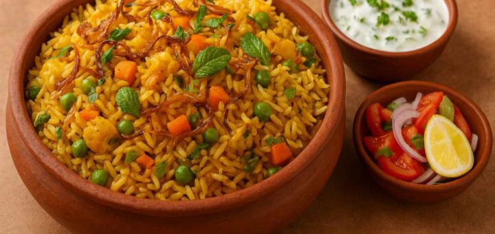 Aromatic Veg Dum Biryani served in a clay pot with raita and salad on a rustic surface