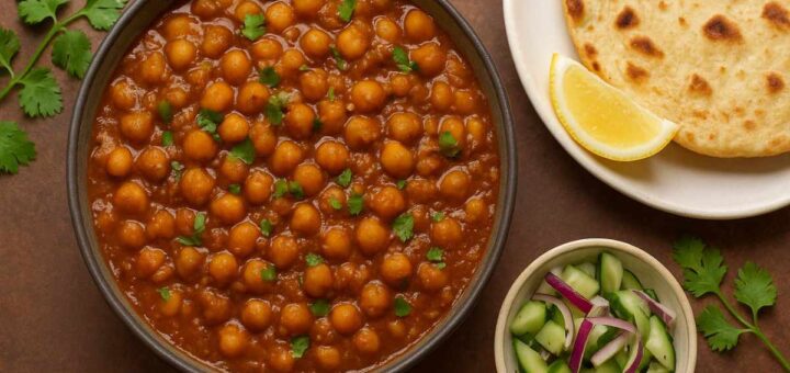 Tamarind Chickpea Curry served with roti and salad — Indian vegetarian recipe by Bhima’s Cook