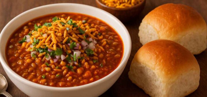 Maharashtrian Misal Pav served with farsan, onion, and pav bread on a wooden table – authentic vegetarian street food from Maharashtra.