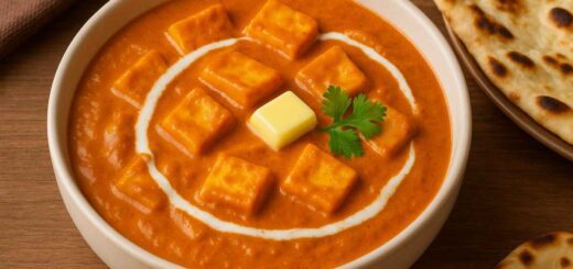 Paneer Makhani served in a bowl with naan and butter garnish