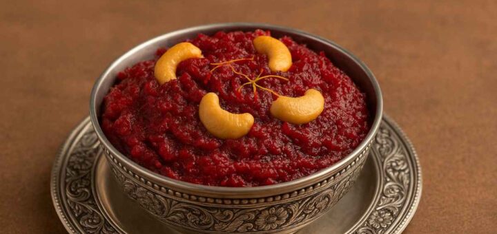 Beetroot Halwa served in a silver bowl garnished with cashews and saffron strands – traditional Indian dessert recipe