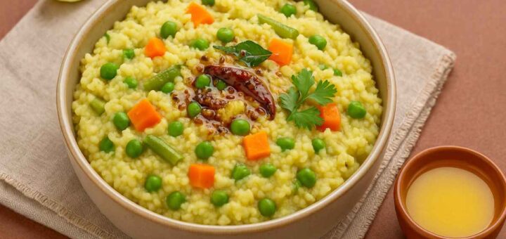 Millet and Vegetable Khichdi topped with ghee tadka and curry leaves