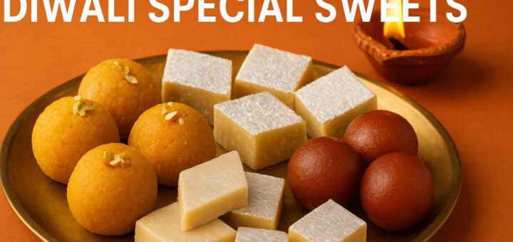 Diwali special Indian sweets platter with laddus, kaju katli, and gulab jamun on brass plate