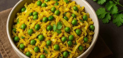 Cabbage & Peas Stir-Fry in a serving bowl, Indian vegetarian side dish