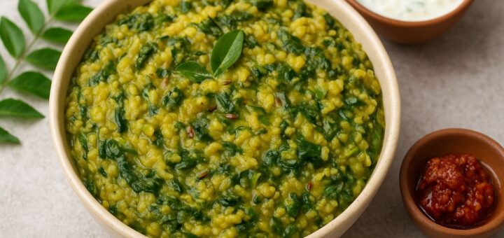 Millet and Greens Khichdi served in a ceramic bowl with curd and pickle