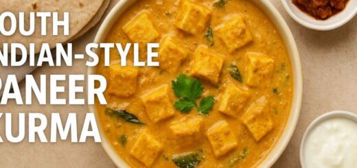 South Indian Style Paneer Kurma served with chapati, curd, and pickle