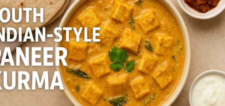 South Indian Style Paneer Kurma served with chapati, curd, and pickle