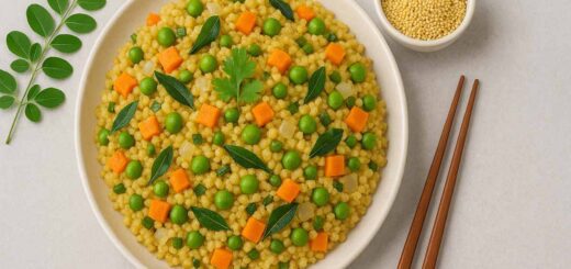 “Millet upma served on a plate with vegetables like peas and carrots, garnished with curry leaves – healthy South Indian breakfast.”