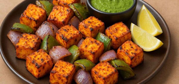 Air Fryer Paneer Tikka Bites served on a platter with mint chutney