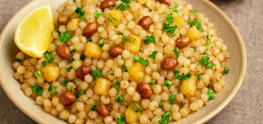 Masala Sabudana Khichdi Recipe served with lemon and coriander