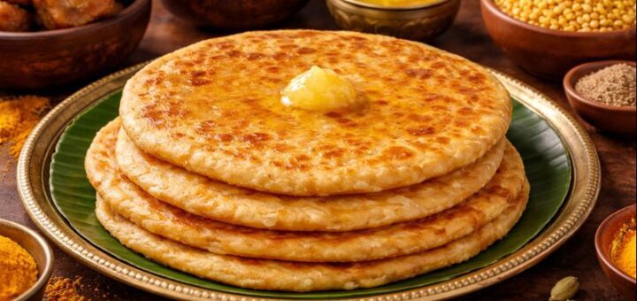 Bobbatlu Recipe Ingredients Step with plated fresh bobbatlu and ingredients