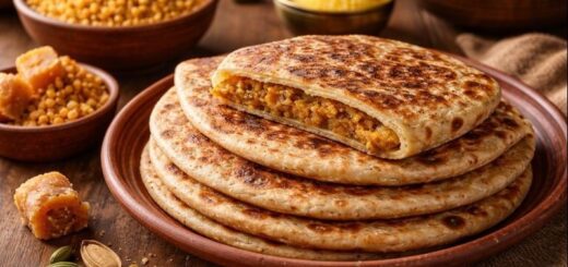 Bobbatlu Recipe Wheat Flour with sweet lentil filling on plate