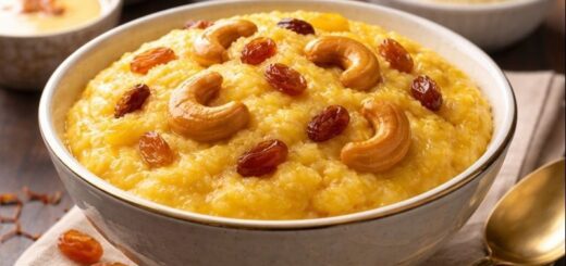 Rava Kesari Recipe Condensed served in a bowl with nuts