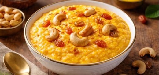 Rava Kesari Coconut Milk creamy dessert with nuts and saffron