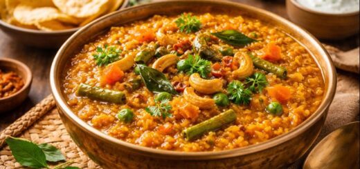 Bisi Bele Bath Recipe 2026 served hot with papad and garnish.