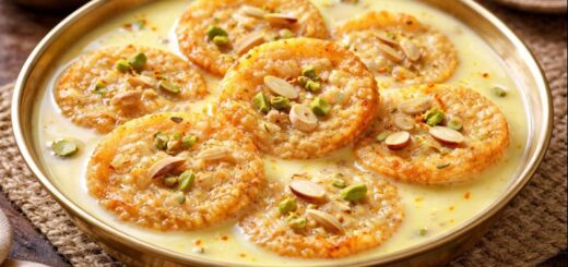 Chiroti Rava Poli Recipe served in a bowl with milk and nuts