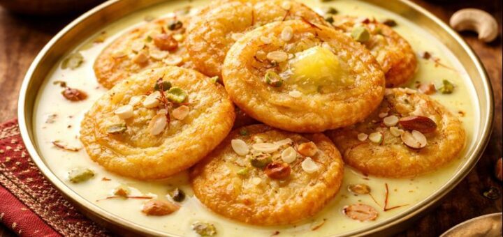 Chiroti Rava Poli Recipe plated with saffron milk and nuts