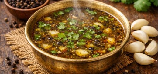 Garlic Pepper Rasam Without Tomato served hot with coriander
