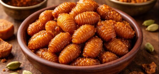 Gavvalu Sweet Recipe Jaggery sweet shells coated in jaggery syrup.