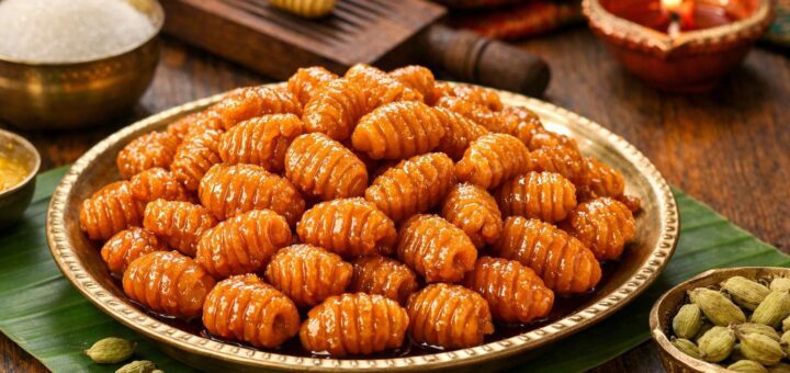 gavvalu sweet recipe with sugar ingredients close up of glazed shell sweets