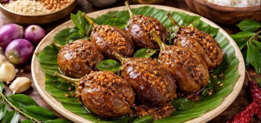Gutti Vankaya Fry Recipe with stuffed brinjals served with rice