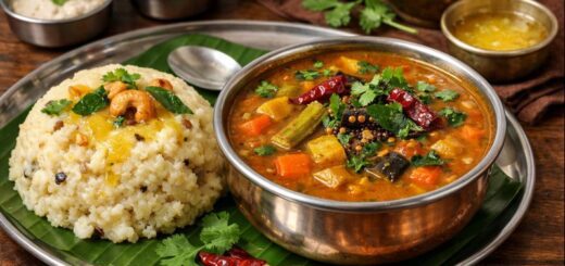 Hotel Sambar Recipe Pongal served with ven pongal and garnishes