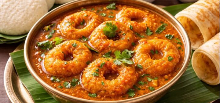 Medu Vada Curry Recipe with golden vada and spiced gravy