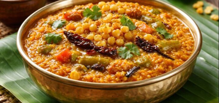 Millet Bisi Bele Bath served with ghee and boondi