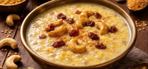 Moong Dal Payasam Sabudana served in bowl with garnishing