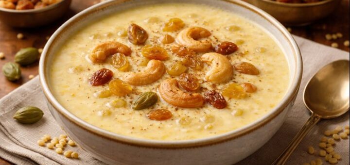 Moong Dal Payasam Without Milk dessert in bowl with nuts