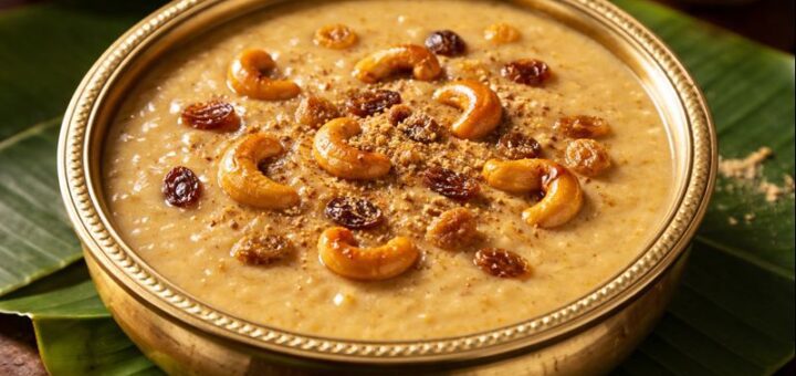 Parippu Payasam Without Coconut dessert served in bowl with nuts and cardamom