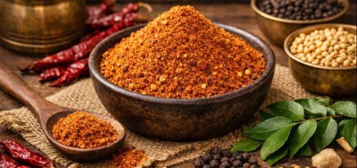 Rasam Powder Recipe Brahmin style in a bowl with spices