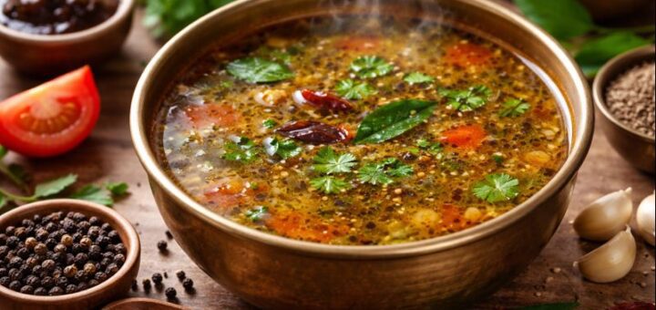 Rasam Recipe With Black Pepper Easy Method Home Cooking in a bowl