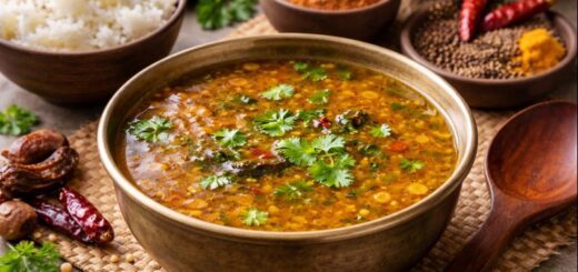 Rasam Recipe Dal Rasam served hot in bowl with rice and garnish